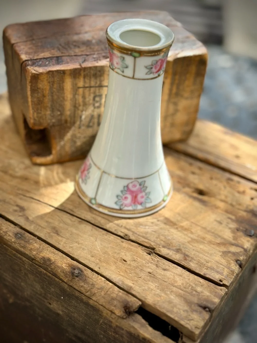 Antique Nippon Porcelain Vase Pink Roses Raised Gold Beaded Trim Japan